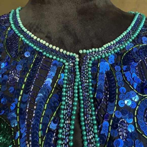 Vintage Laurence Kazar Silk Sequin Jacket XL Blue Green Beaded Evening Coat 80s - Picture 7 of 10